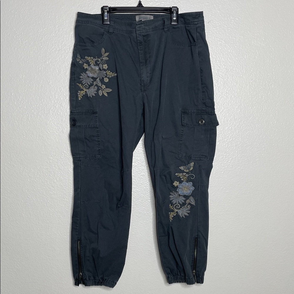 Sundance Women's Emb Bohemian Cargo Pants - Dark Gray with Floral Embroidery